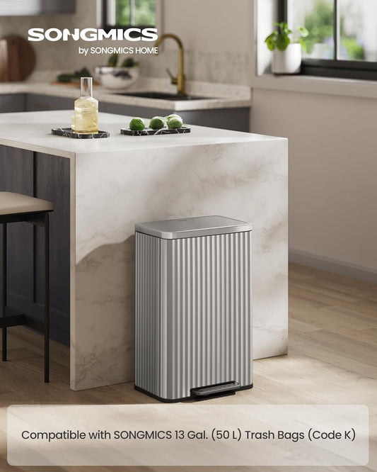 Trash Can, 13 Gallon (50 L) Garbage Can for Kitchen, with Lid, Pedal, and Removable Inner Bucket, Soft Close, Stainless Steel, 15 Trash Bags (Code K) Included, Metallic Silver ULTB586EZ01