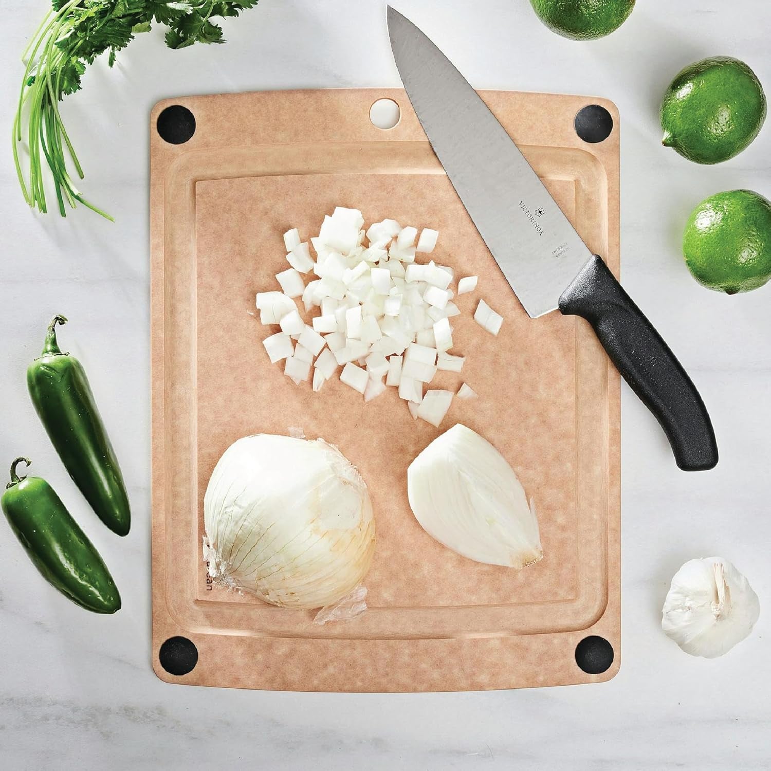 All-In-One Cutting Board with Non-Slip Feet and Juice Groove, 14.5" × 11.25", Natural/Black