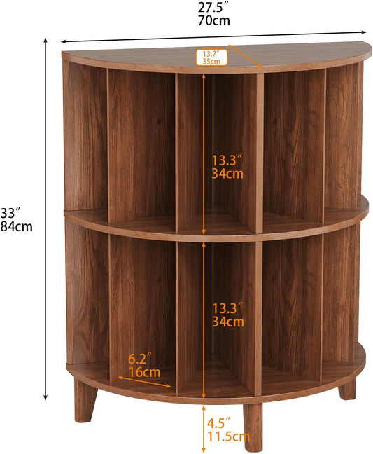 3-Tier Vinyl Record Storage Half round Mid Century Vintage Player Table with Spacious Storage Turntable Stand Perfect for Living Room Bedroom (Walnut, L-27.5)