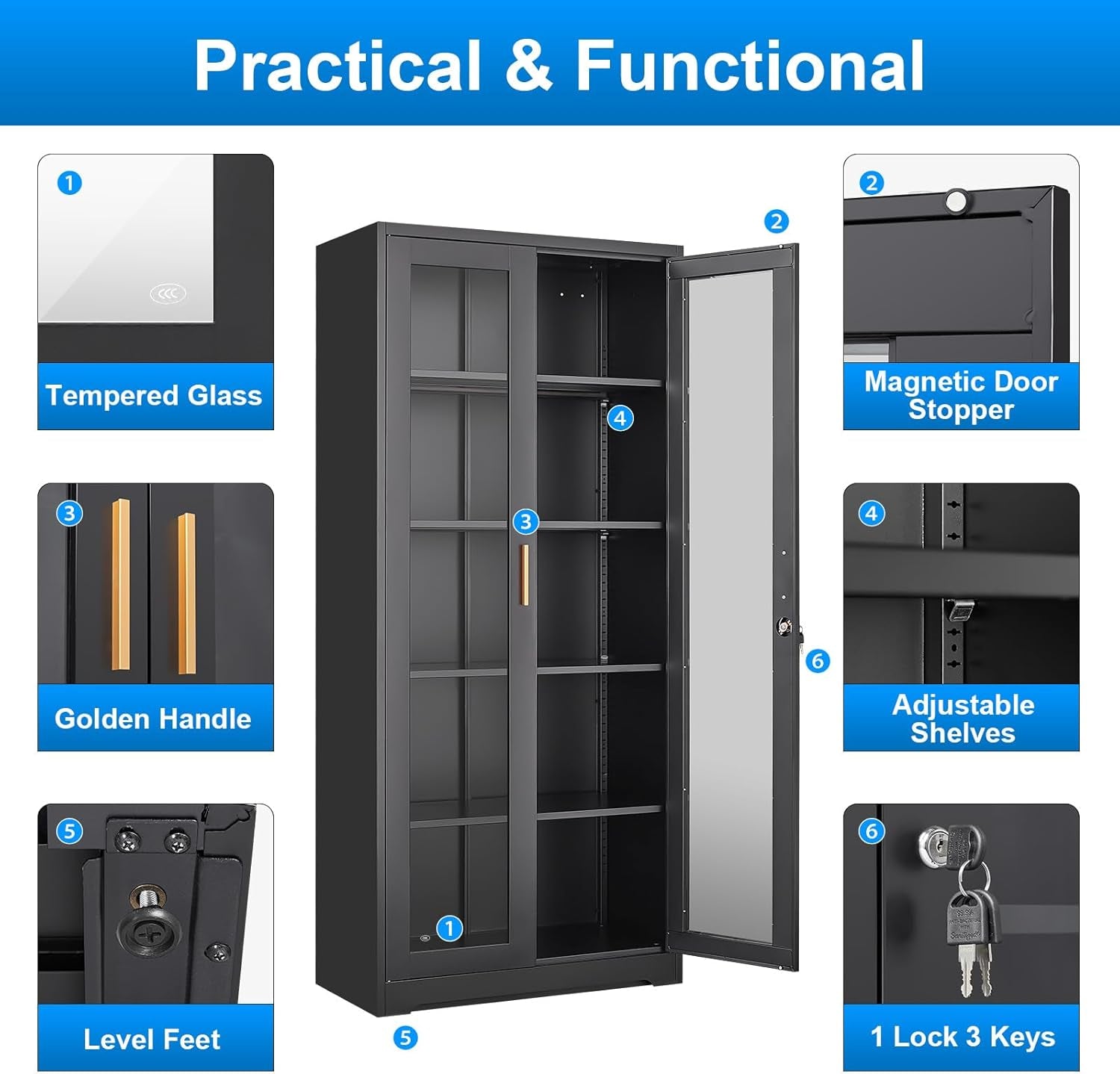Glass Display Cabinet with Lock, Metal Curio Cabinet with Tempered Glass Doors & Adjustable Shelves, Heavy-Duty China Cabinets for Living Room, School, Commercial, Black, Assembly Required