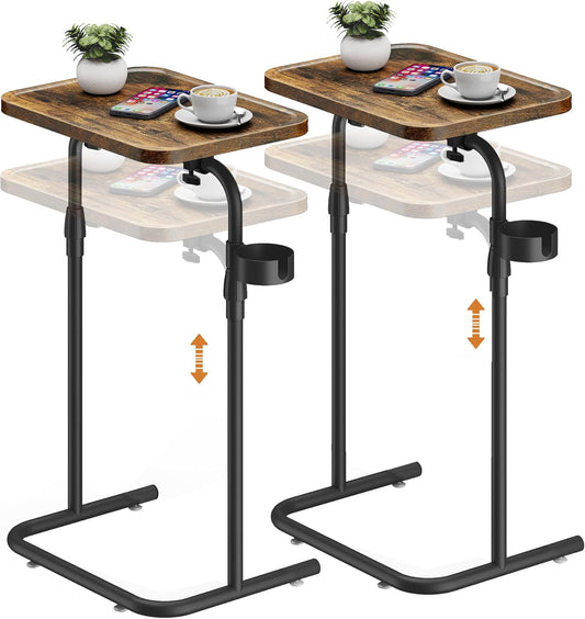 C Shaped End Table with Tiltable Surface, Set of 2, Adjustable Height Side Table, Slide under Couch Table TV Tray for Eating, Sofa Tray for Livingroom, Bedroom Brown TB01BB0912