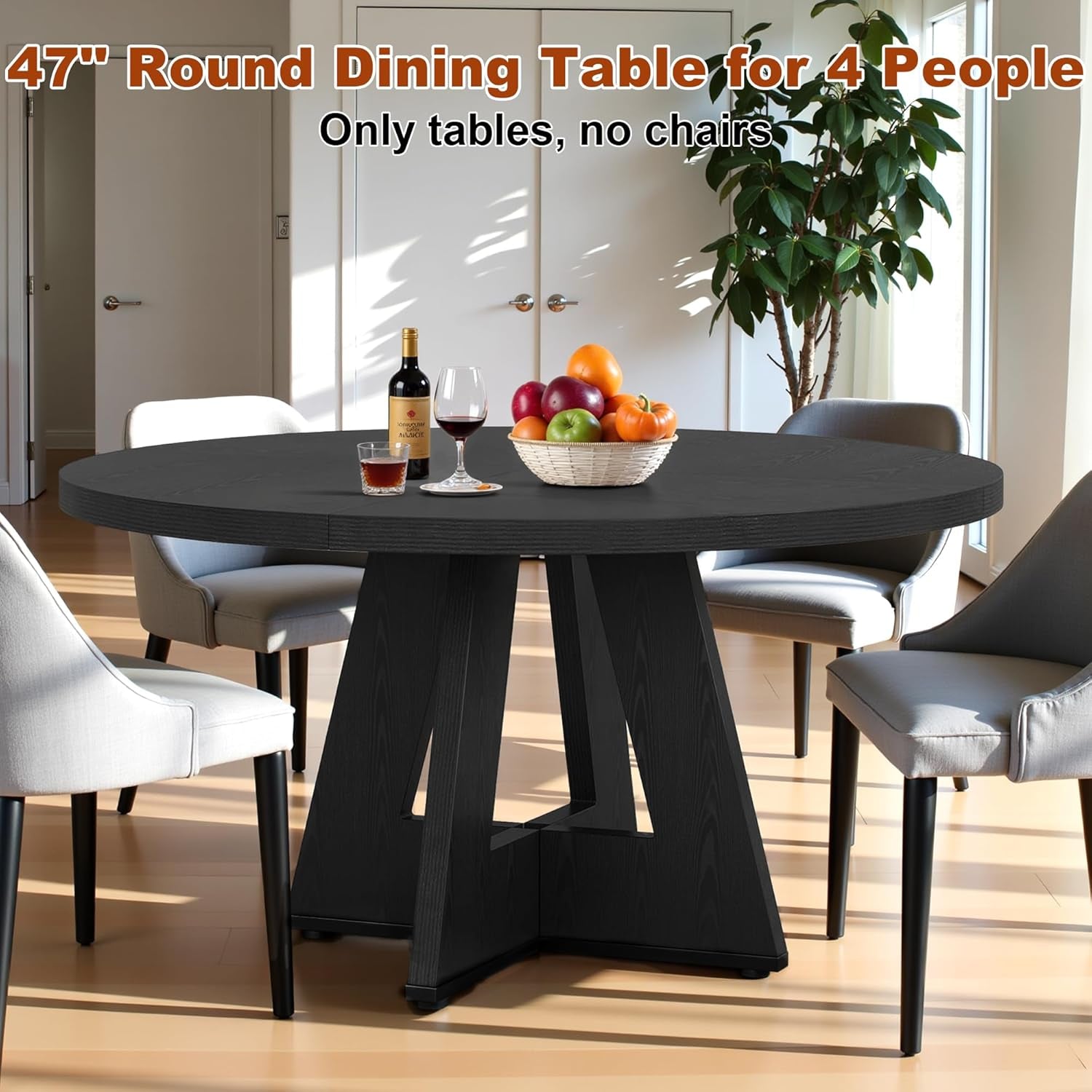 Round Dining Table for 4, 47 Inch Dinner Table Farmhouse Wooden Circle Kitchen Tables with Cross Base for Dining Room, Kitchen, Living Room, Black