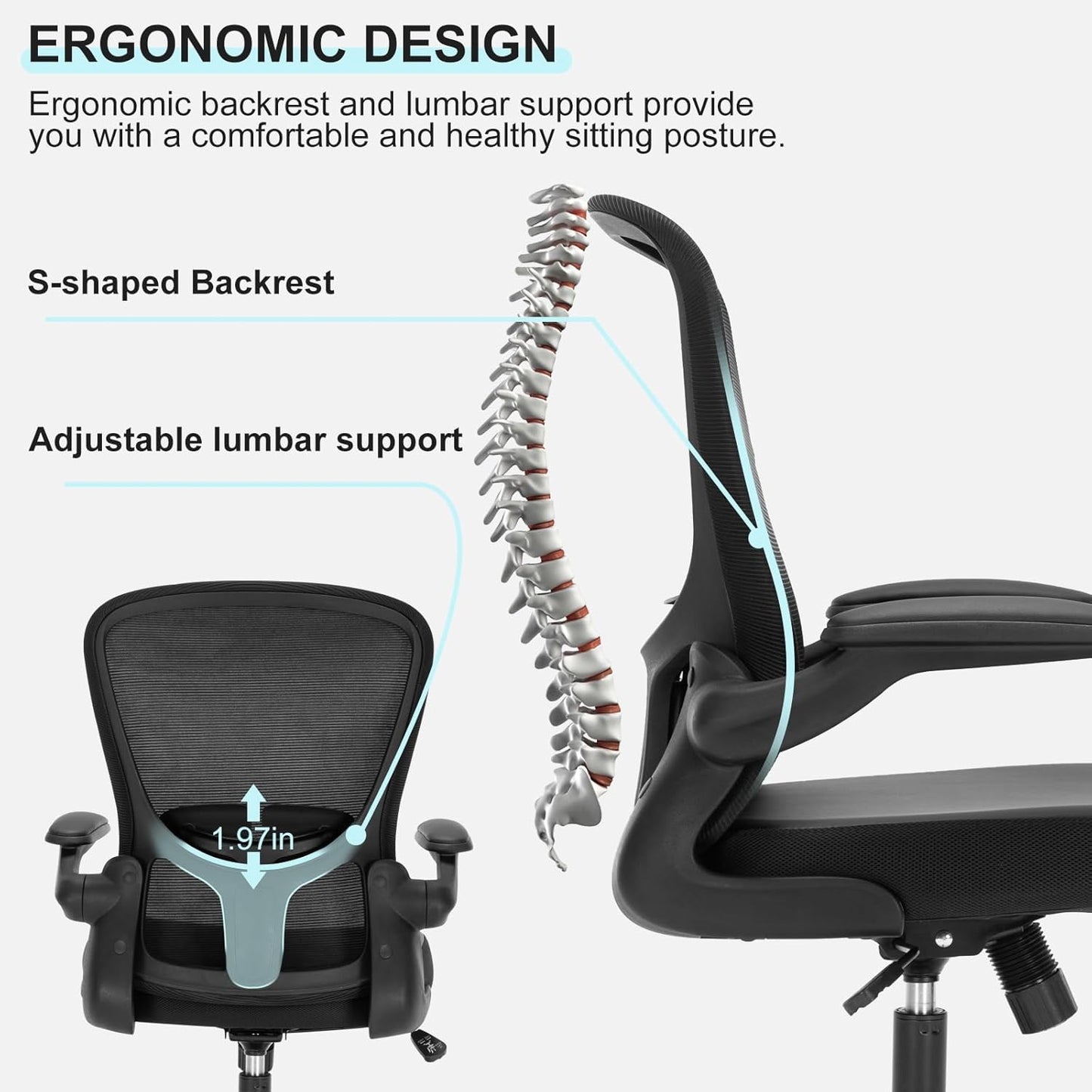 Office Chair, Ergonomic Desk Chair with Flip-Up Armrests, PU Leather Computer Chair Home Office Desk Chairs with Lumbar Support, Mesh Swivel Executive Chair Rolling Task Chair, Black