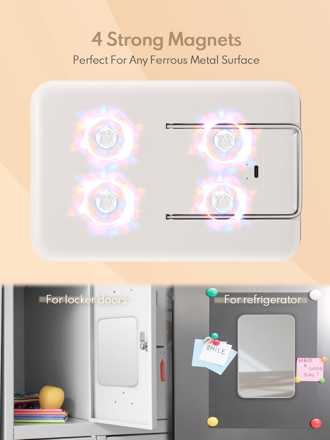 8X5-Inch Magnetic Locker Mirror, Small Makeup Mirror for Desk and School Locker, with Strong Magnets, Foldable Wall Mount & Hanging Hole for Bathroom,White