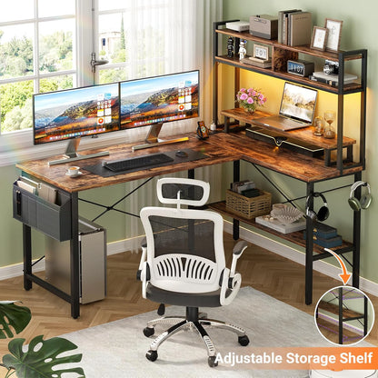 L Shaped Gaming Desk with Power Outlets & LED Lights, Small L-Shaped Desk Computer Corner Desk with Monitor Stand & Storage Shelf, Home Office Desk Writing Desk with Storage Bag, Rustic Brown