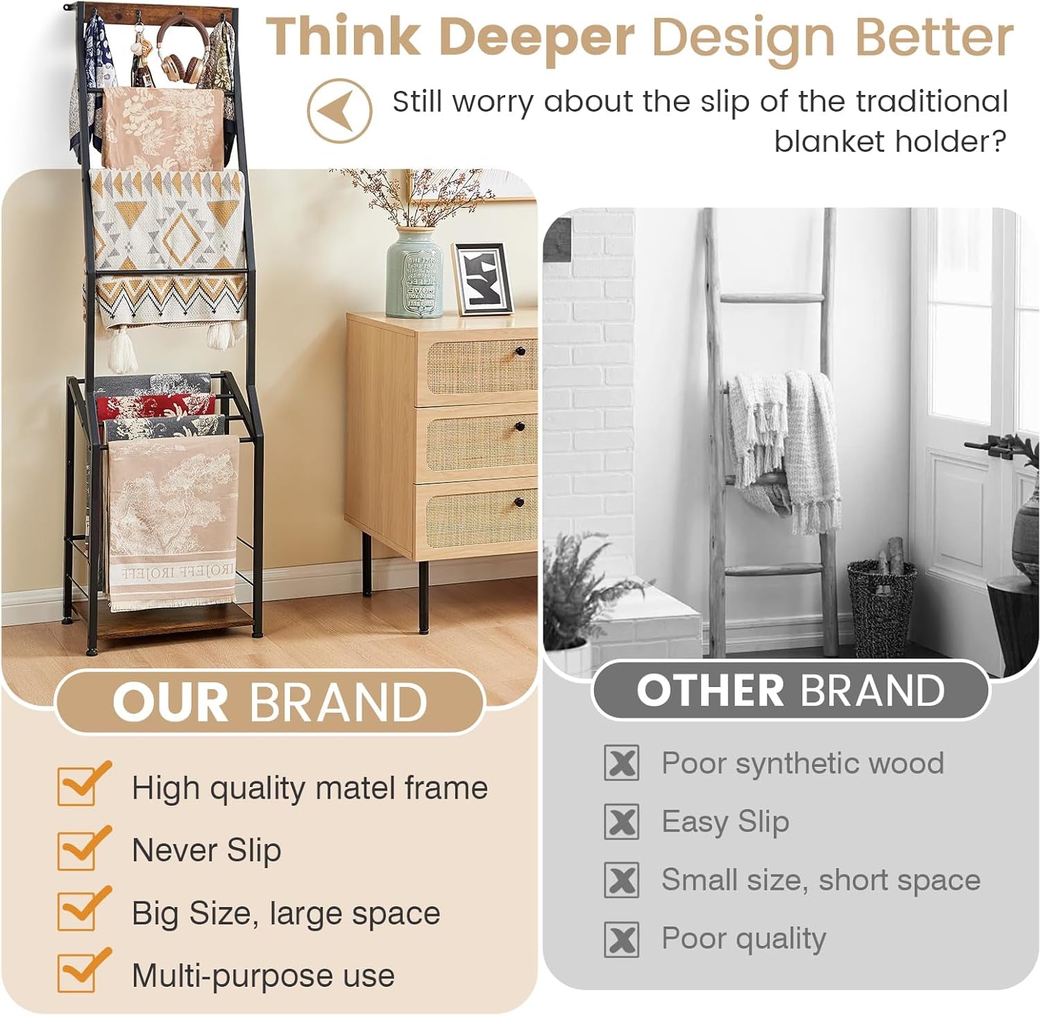 Blanket Ladder, 7 Tier Wooden Ladder Shelf with Hooks, 5.5Ft Blanket Holder Rack Farmhouse Ladder Rack for Storage and Home Decor, Rustic Brown and Black