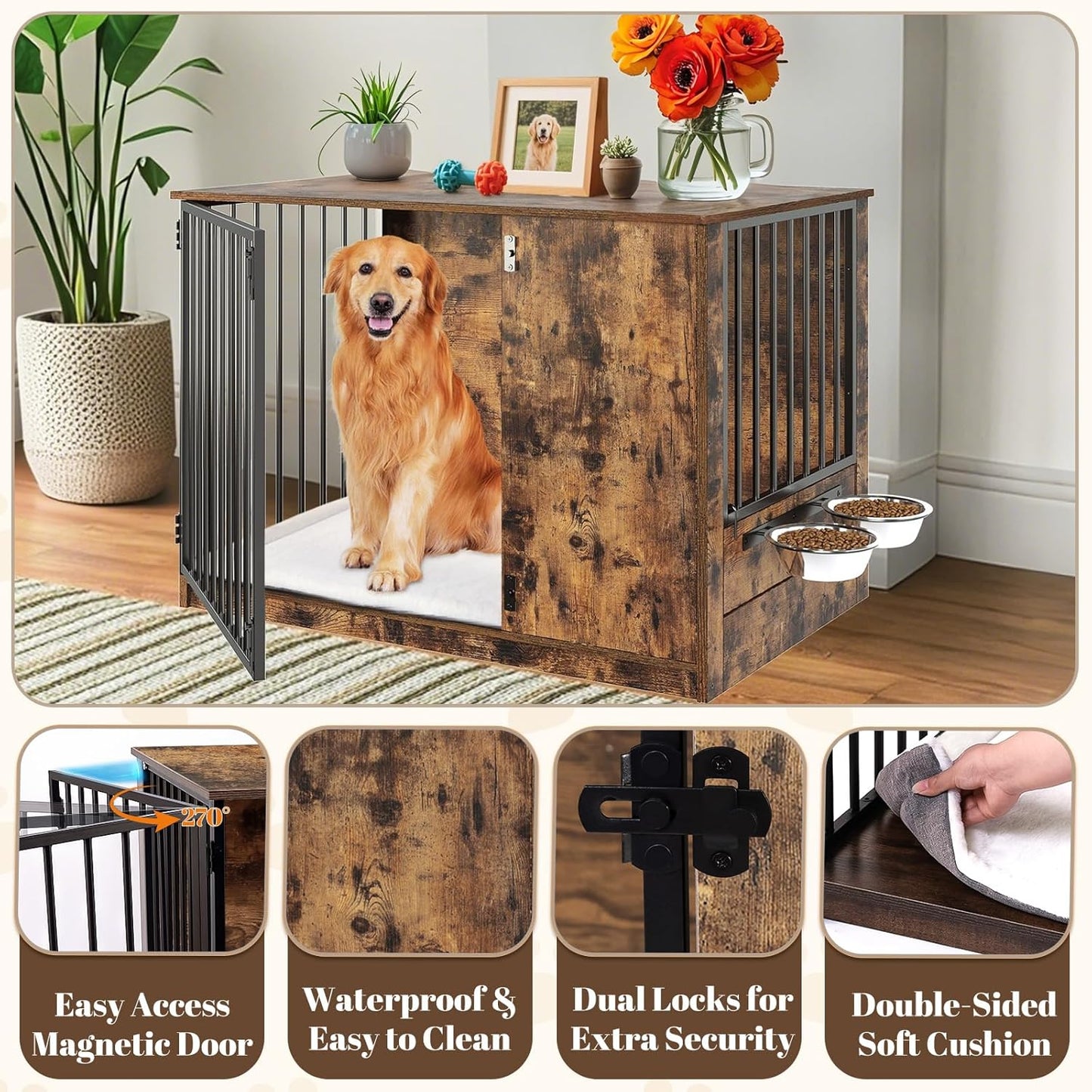 Dog Crate Furniture with Cushion for Large Dogs, 36" Indoor Wooden Dog Kennel with 270° Swivel Door, 360° Rotating Feeder, Decorative Heavy Duty Dog House with Double Locks & Bowls, Rustic Brown