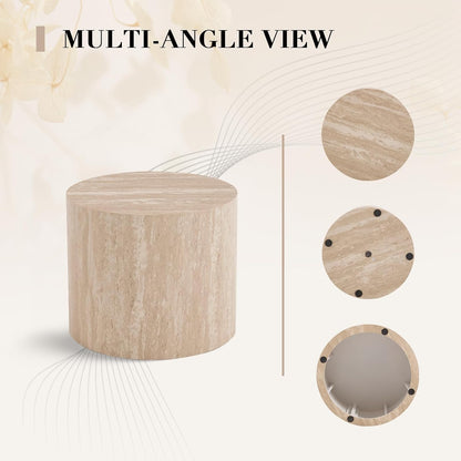 round Wood Nesting Coffee Table Set of 2, Modern Circle Travertine End Side Table Sets for Living Room, Light Wooden Color/No Assembling