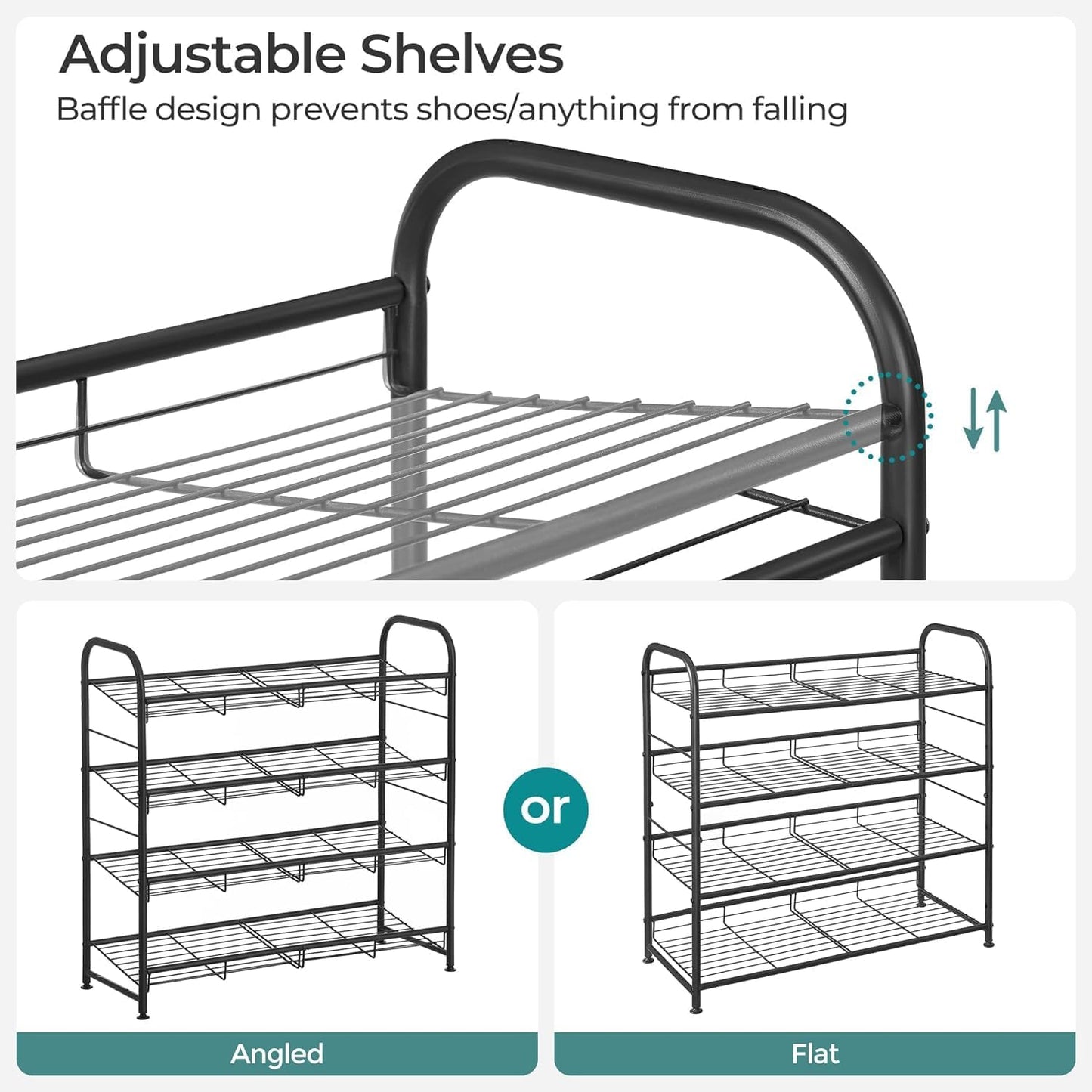 Stackable Shoe Rack, 4 Tier Metal Shoes Rack Storage Shelf, Holds up to 20 Pairs Shoes, Adjustable Slanted Shelves Shoe Tower Organizer for Closet Entryway Small Spaces, Black