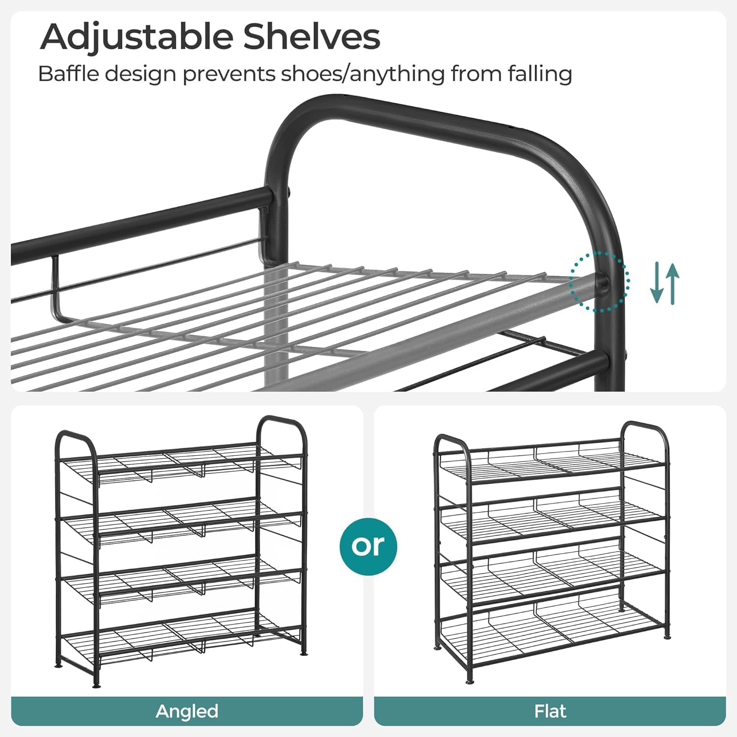 Stackable Shoe Rack, 4 Tier Metal Shoes Rack Storage Shelf, Holds up to 20 Pairs Shoes, Adjustable Slanted Shelves Shoe Tower Organizer for Closet Entryway Small Spaces, Black