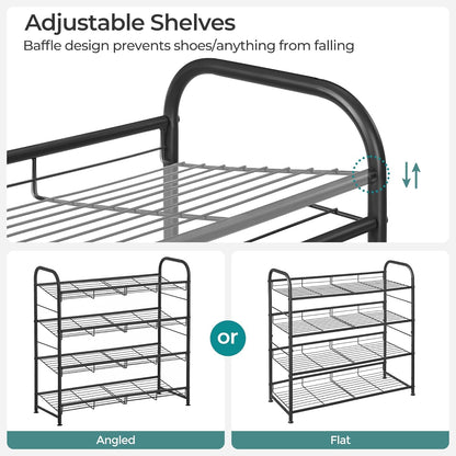 Stackable Shoe Rack, 4 Tier Metal Shoes Rack Storage Shelf, Holds up to 20 Pairs Shoes, Adjustable Slanted Shelves Shoe Tower Organizer for Closet Entryway Small Spaces, Black