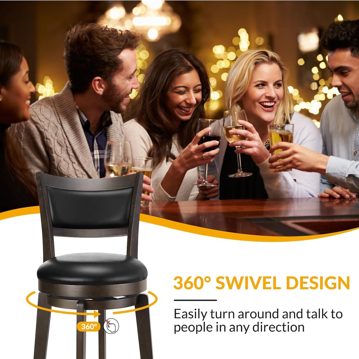 Swivel Bar Stools Set of 2, 30 Inch Bar Height Barstools, Black Faux Leather Bar Stool with High Backrest & Solid Wood Legs & Wrap-Around Footrest, Counter Stools for Kitchen Island, Pub