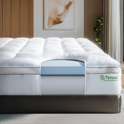 4 Inch Pillow Top Memory Foam Mattress Topper King - Cooling Hybrid Lux Dual Layer Bed Mattress Pad - Certipur-Us Certified