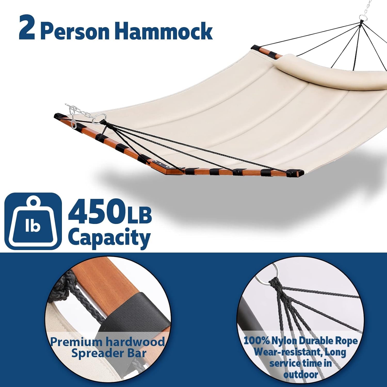 12FT 2 Person Hammock with V Shaped Hardwood Spreader Bar & Nylon Rope for Outside, Patio, Garden, Backyard, Beach, Poolside, 450LB Capacity, 55In X 79In - Beige