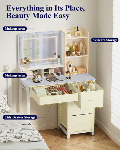 Vanity Desk with Mirror and Lights - Large Capacity Makeup Vanity with 4 Fabric Storage Drawers & 3 Lighting Modes, Vanity Table Set with Sturdy Metal Frame for Bedroom, White, 35" X 17" X 52"