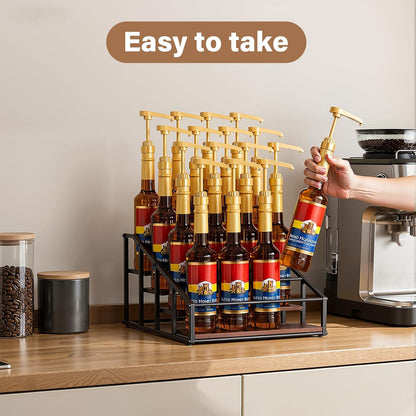 Coffee Syrup Organizer Rack, Liquor Bottle Display Shelf, 4 Tier 16 Syrup Bottles Holder Stand for Coffee Bar Kitchen Small Wine Rack for Family Storage for Syrup Wine Dressing