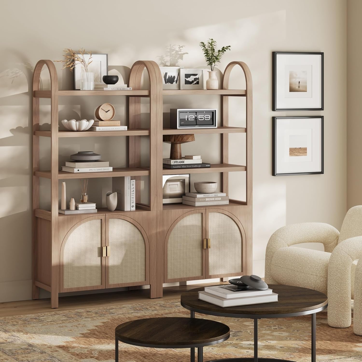 Paxton Mid-Century Modern Arched Bookshelf Cabinet with Solid Wood Frame and Rattan Base, Raw Oak