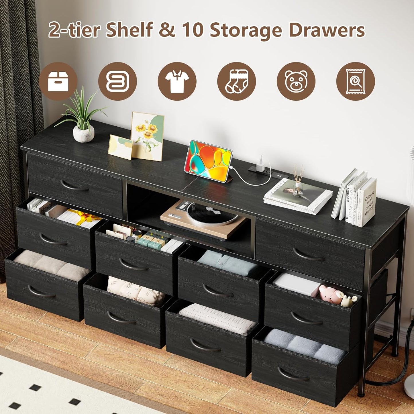 63” Long Dresser for Bedroom, TV Stand for 65 to 75 Inch TV, Black Dresser with 10 Fabric Drawers, Chest of Drawer for Closet, Entertainment Center with Power Outlet & LED Light