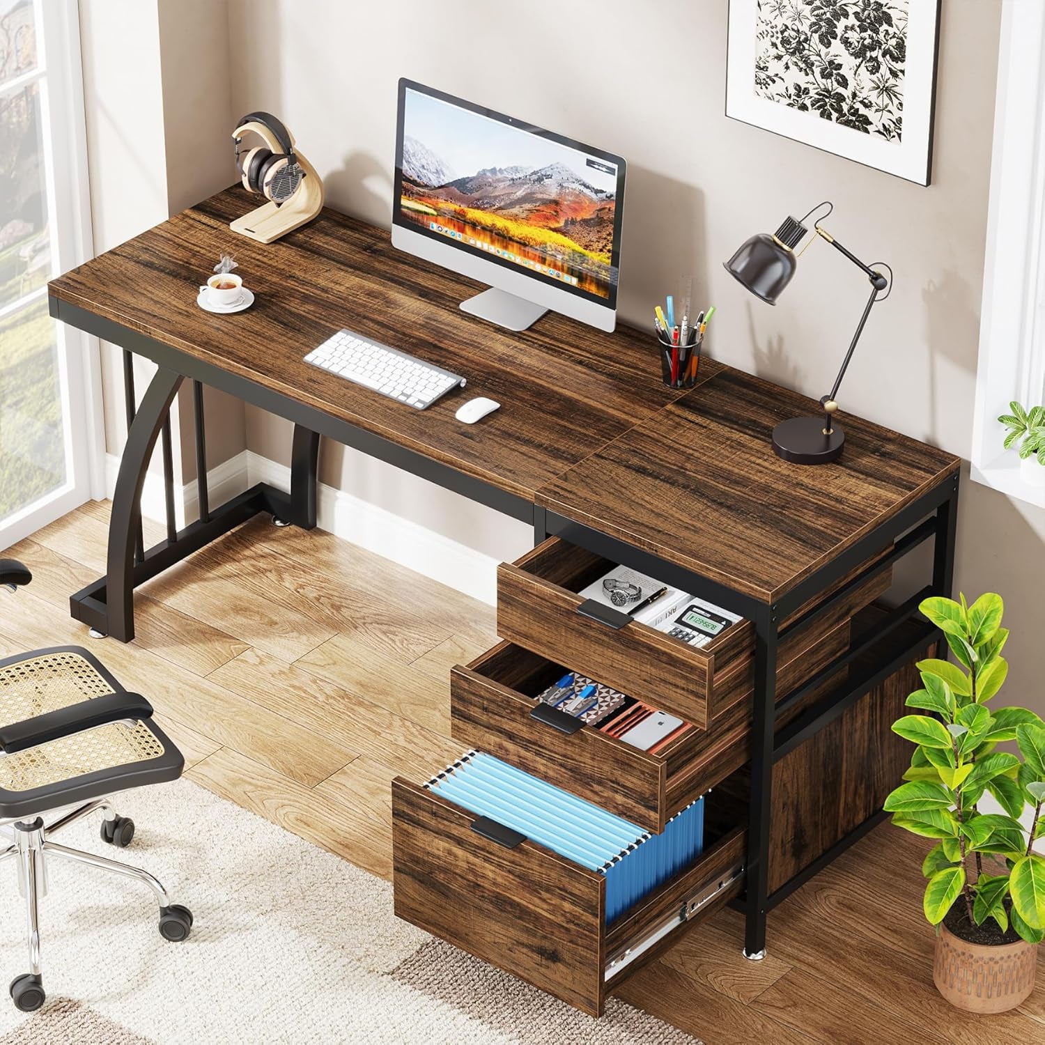 Computer Desk with 3 Drawers, 59-Inch PC Desk with Reversible Drawers, Industrial Study Writing Table Workstation with File Storage for Home Office, Rustic Brown