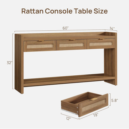 Rattan Console Table Set of 2 - Large Boho TV Console Entry Table with 3 Storage Drawers, 60" Long Sofa Table behind Couch for Living Room, Hallway, Foyer, Entryway
