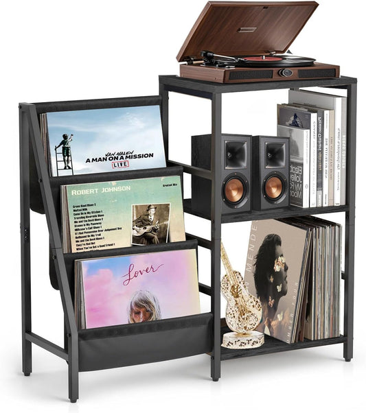 Record Player Stand,Record Player Stand with Vinyl Record Storage,Turntable Stand Holds, Brown End Table for Music Room,Record Cabinet for Vinyl Records Media Stereo.（Black）