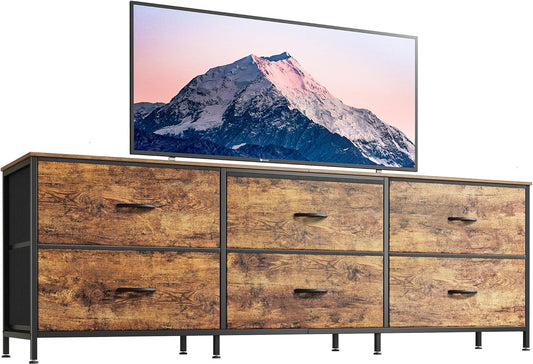63 Inch Long Dresser for Bedroom, Wide TV Stand for 55, 65, 70 Inch TV, 6 Drawer Dresser for Closet with Fabric Drawers, Storage Organizer for Bedroom, Entryway, Rustic Brown