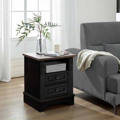 Farmhouse Nightstand Wtih Charging Station, 20" End Table with 2 Drawers, Night Stand Side Table Storage Cabinet with Carved Pilasters for Bedroom,Wood Rustic, Black