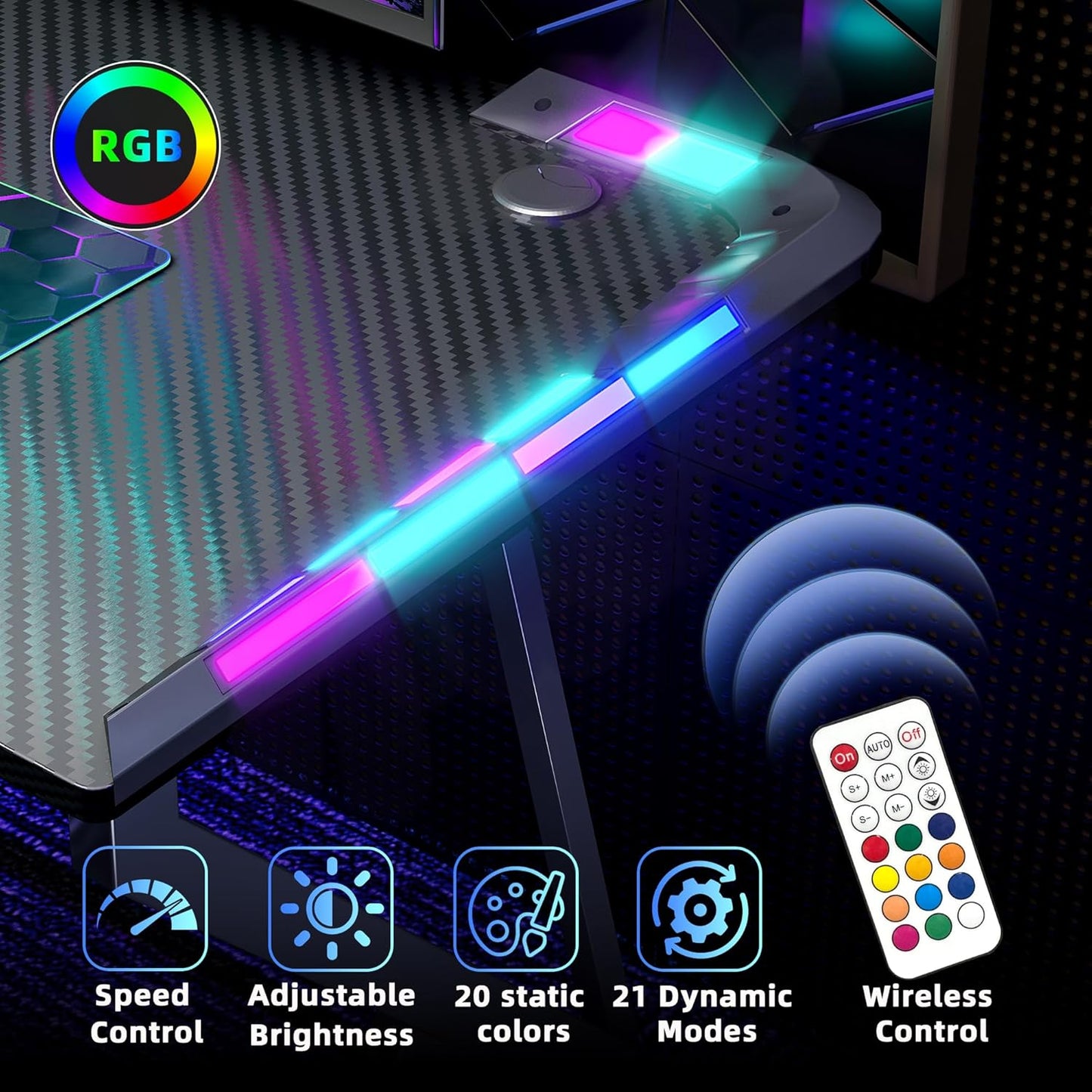 Gaming Desk with LED Lights, 40 Inch Computer Desk Z Shaped Gamer Workstation, Gaming Table with Carbon Fiber Surface, PC Gamer Desk, Black