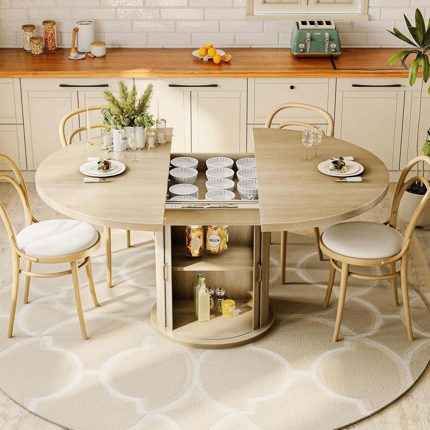 47-63In Extendable round Dining Table for 4-8 Modern round Kitchen Table Circle Dining Table with 2-Tier Storage Shelf, Space Saving Expandable Wood Oval for Living Room Walnut Oak