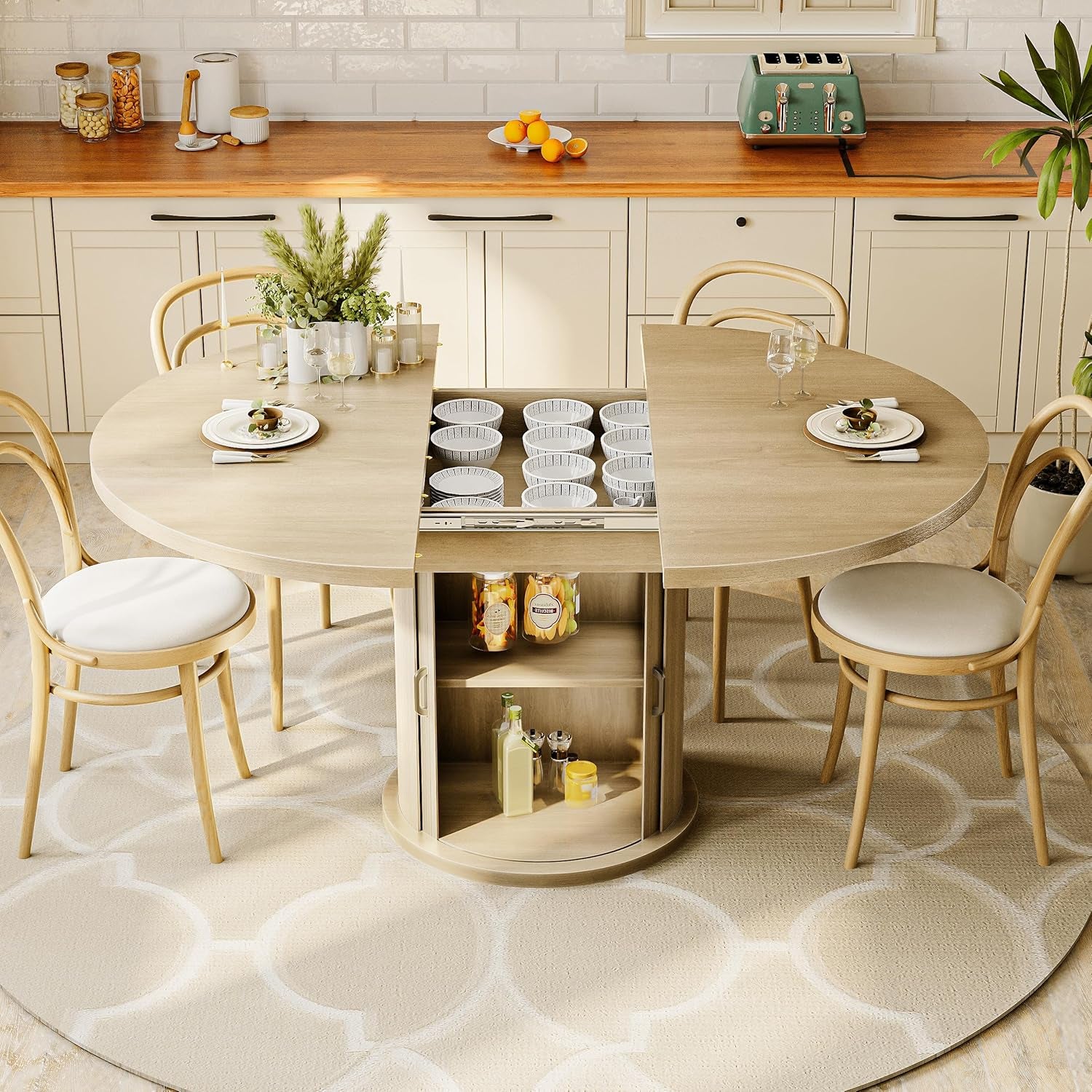 47-63In Extendable round Dining Table for 4-8 Modern round Kitchen Table Circle Dining Table with 2-Tier Storage Shelf, Space Saving Expandable Wood Oval for Living Room Walnut Oak