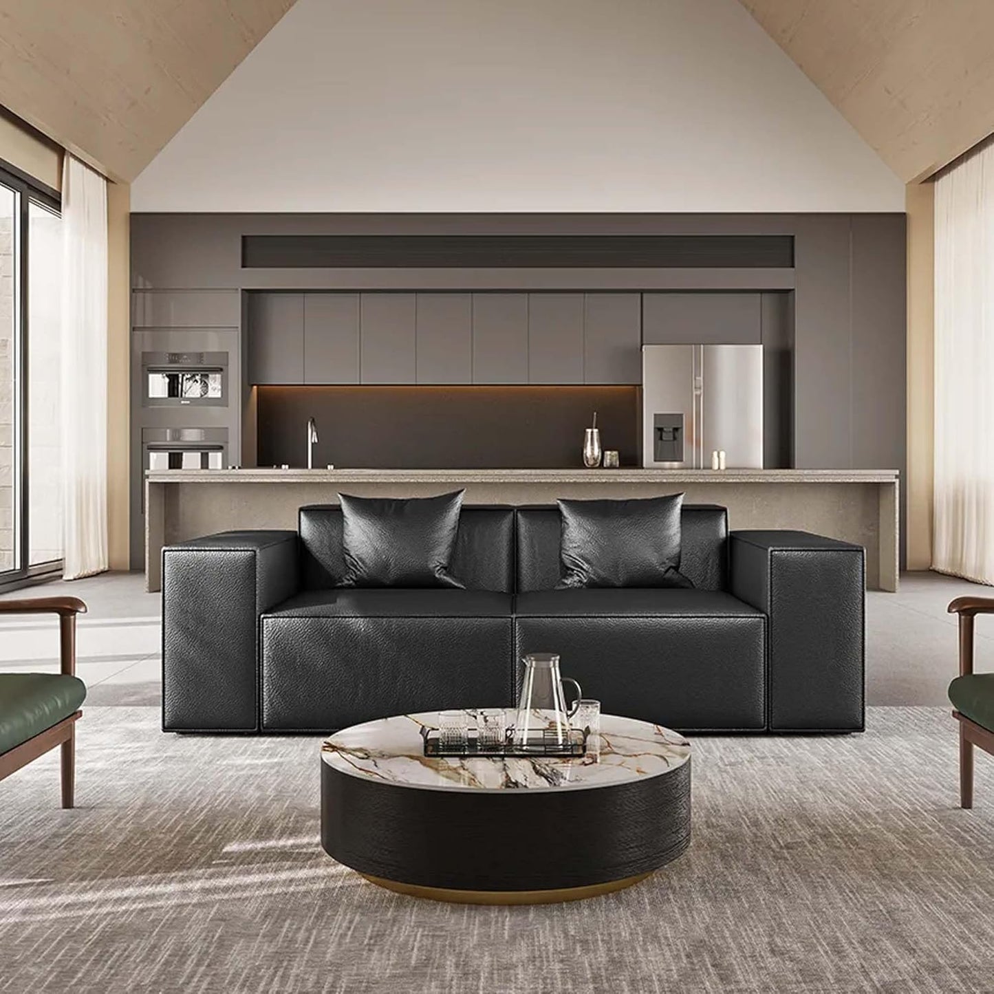 Modern Drum Coffee Table with Storage, Sintered Stone Top round Coffee Table with Drawers, Oak Veneer, Fully Assembled, 39.37"