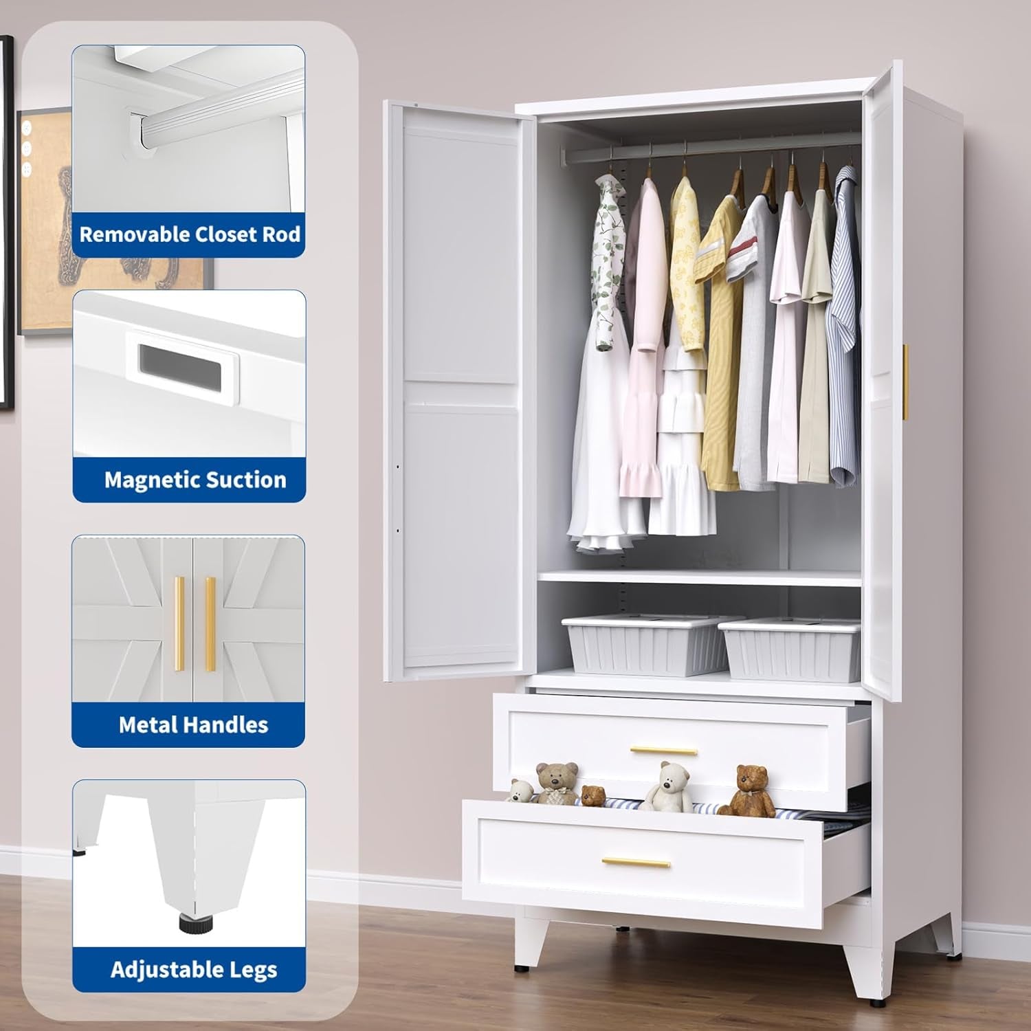 Steel Armoire Wardrobe Closet, 71" Metal Clothing Storage Cabinets with 2 Doors, 2 Drawers and 1 Adjustable Shelf, White Wardrobe Cabinet with Hanging Rod for Bedroom