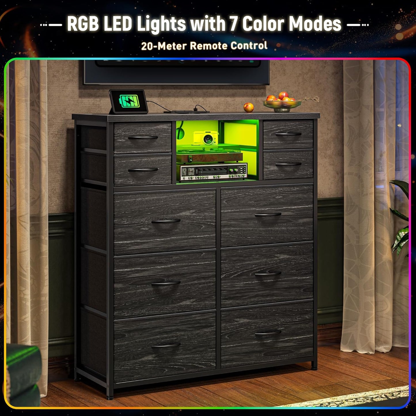 Dresser for Bedroom with 10 Drawers Featuring LED Light and Power Outlet, Fabric Dressers & Chest of Drawers with Open Shelves for Hallway, Living Room, Metal Frame,Wood Top,Grain Black