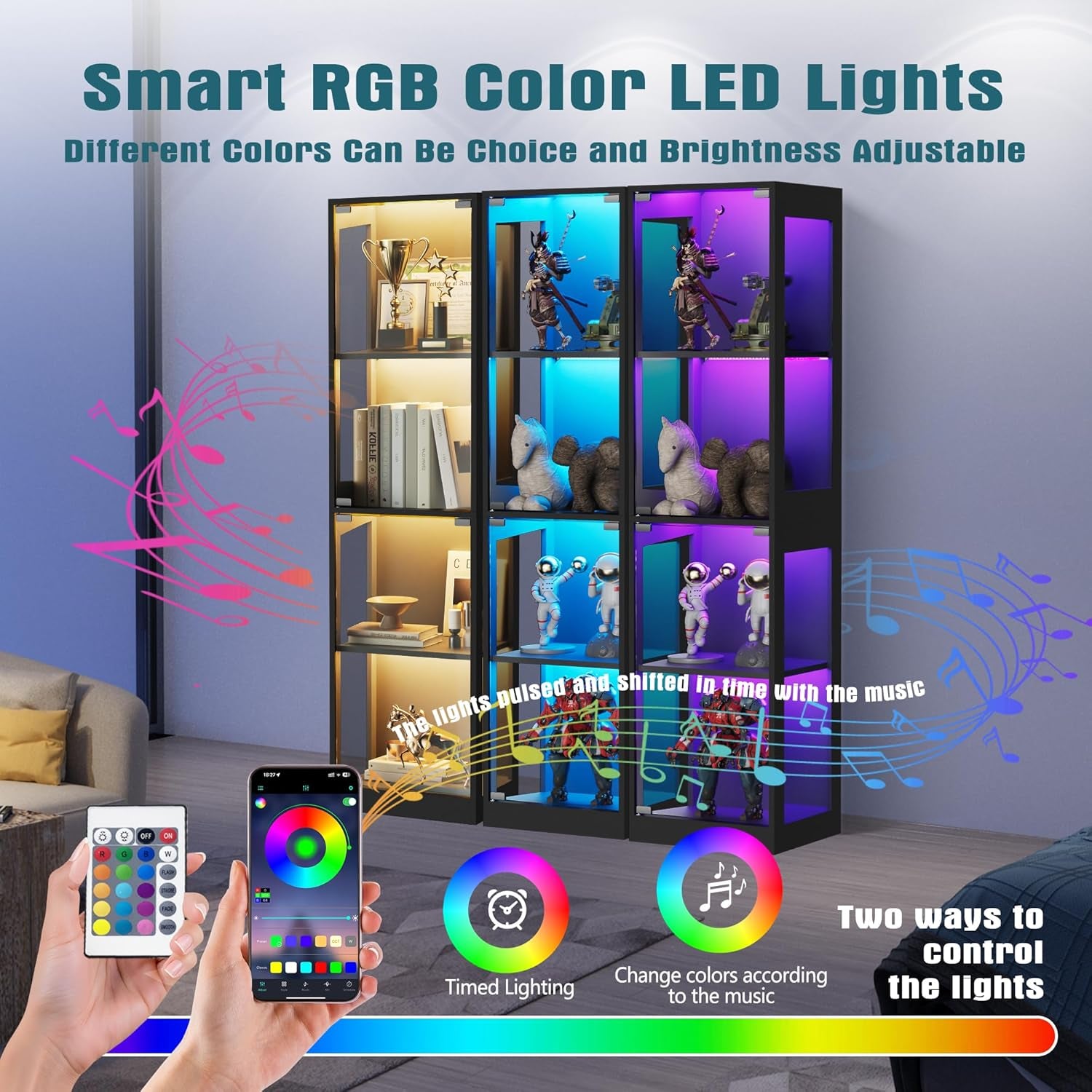 Glass Display Cabinet, 4-Tier Display Cases for Collectibles, Curio Cabinet with RGB Lights, Glass Bookcase Shelf Display Kids Toy Cabinets for Collectible, Living Room, Playroom (Black)