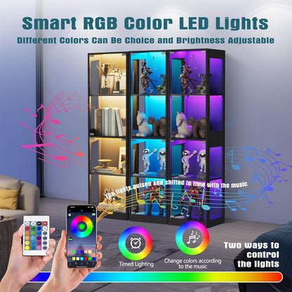 Glass Display Cabinet, 4-Tier Display Cases for Collectibles, Curio Cabinet with RGB Lights, Glass Bookcase Shelf Display Kids Toy Cabinets for Collectible, Living Room, Playroom (Black)