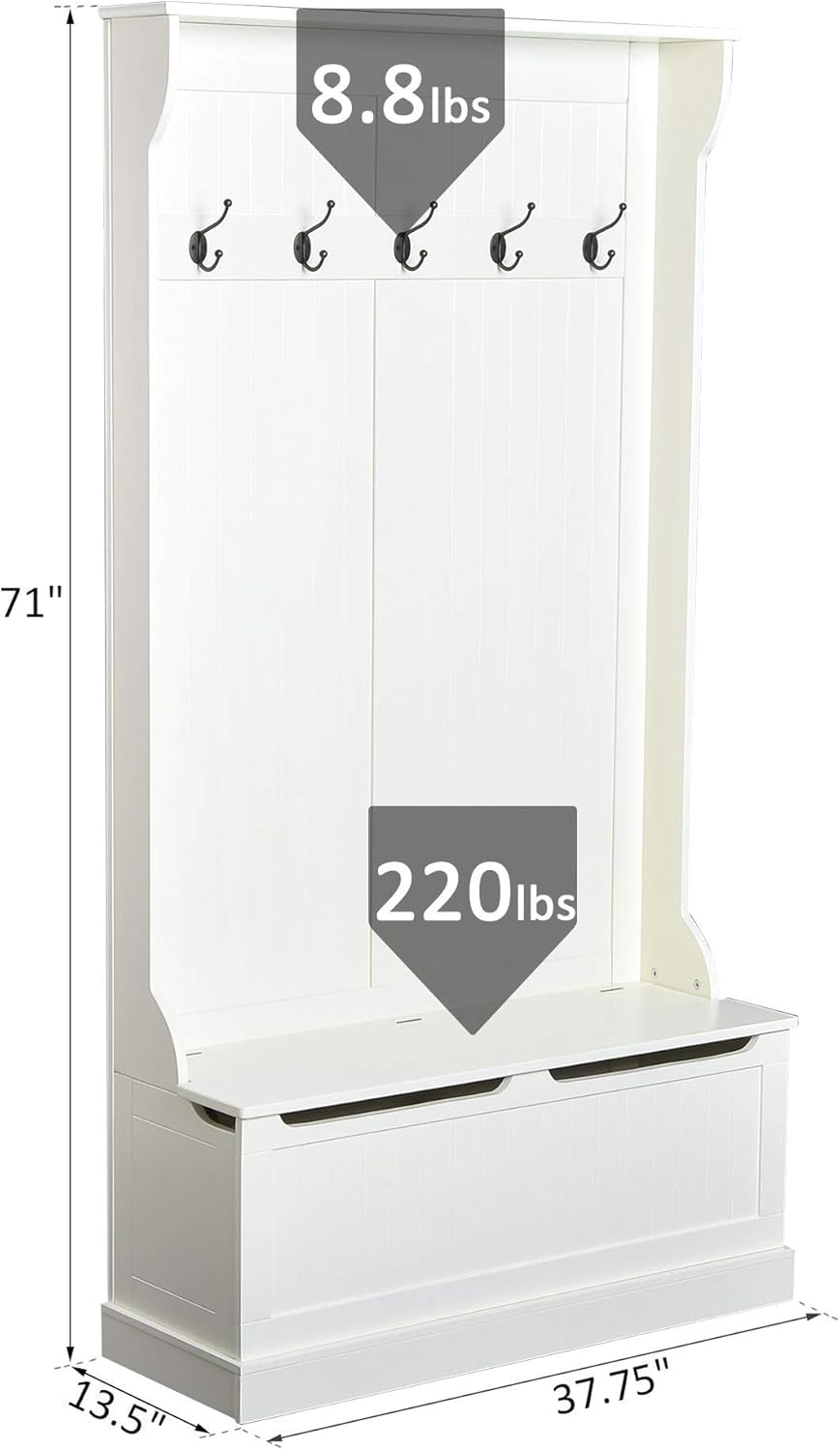 Hall Tree with Bench and Shoe Storage, 3-In-1 Entryway Bench with Coat Rack, 5 Hooks and Flip Top Storage Compartment, Cream White