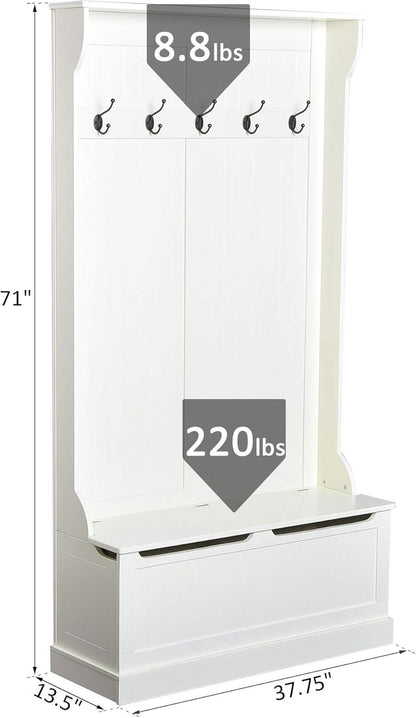Hall Tree with Bench and Shoe Storage, 3-In-1 Entryway Bench with Coat Rack, 5 Hooks and Flip Top Storage Compartment, Cream White