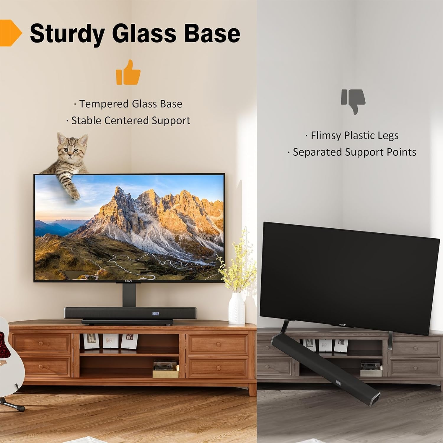 Universal TV Stand - Table Top TV Stand for 27-60 Inch LCD LED Tvs - 6 Level Height Adjustable TV Base Stand with Tempered Glass Base & Wire Management, VESA 400X400Mm