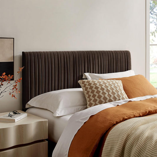 Eloise King Velvet Headboard with Ruched Details in Chocolate Brown - Modern Bed Headboard Only with Stain-Resistant Performance Upholstery, Height-Adjustable Mount