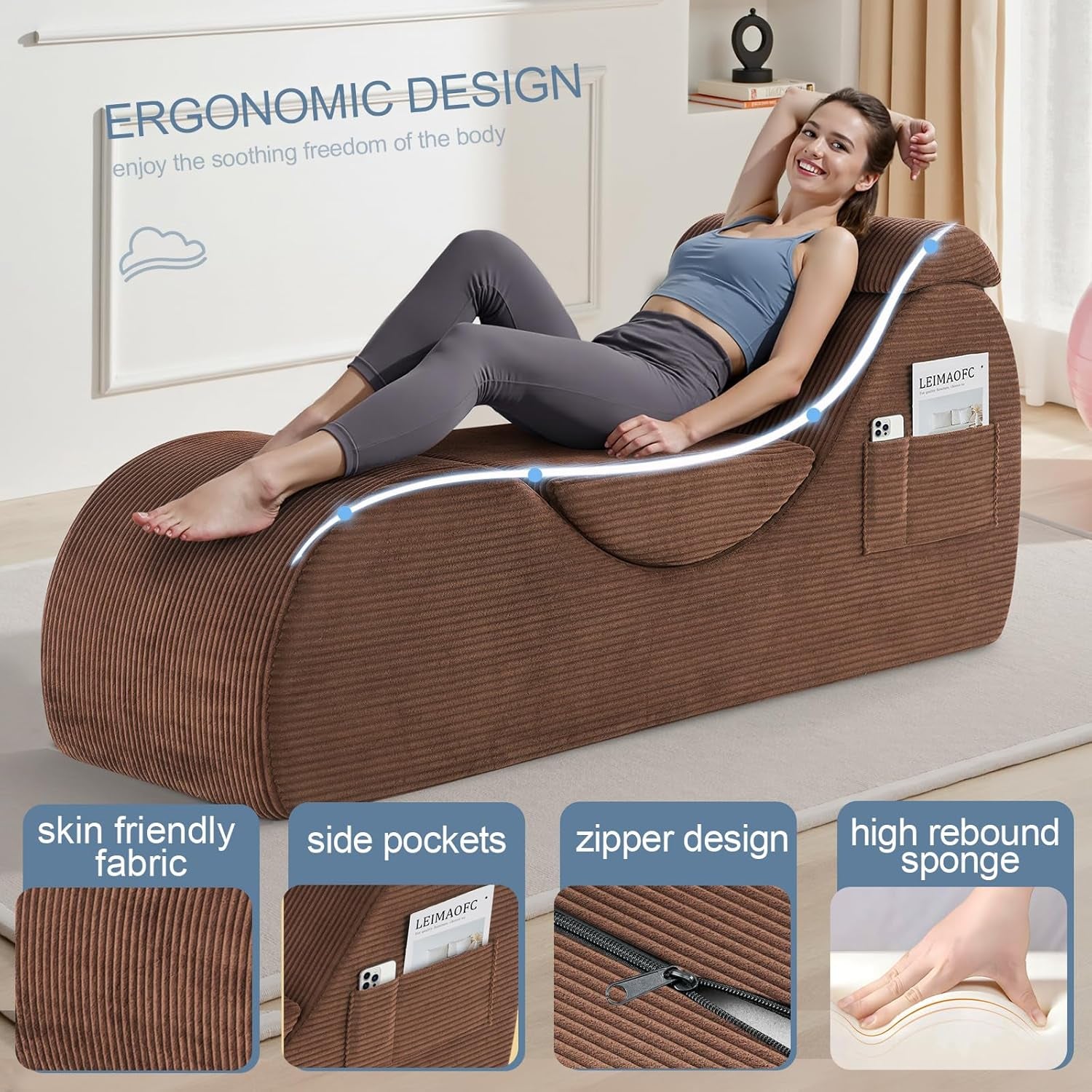 Yoga Chair Lounge for Adult, Ergonomic Chaise Lounge Chair with Side Pocket, Headrest, Waist Pad, Perfect for Stretching, Massage, and Relaxation, Used in Living Room, Bedroom（Brown）