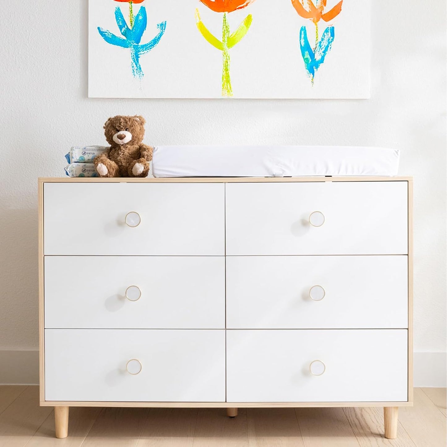 Baby Dresser for Nursery, Kids, and Bedroom – 6 Drawer White Wood Dresser with Solid Wood Legs, Storage for Clothes and Baby Essentials, White