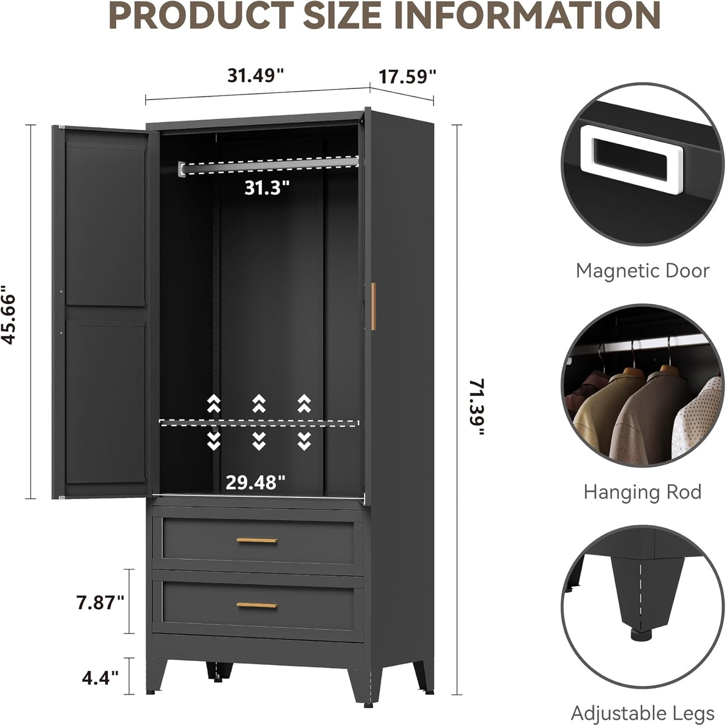 Metal Wardrobe Cabinet with Hanging Rod,71" Armoire Wardrobe Closet with Adjustable Shelves,Farmhouse Metal Clothing Storage Cabinets for Bedroom,Office,Employee,Laundry Room(Black)