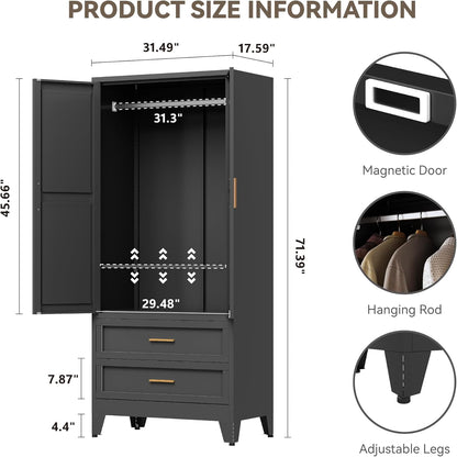 Metal Wardrobe Cabinet with Hanging Rod,71" Armoire Wardrobe Closet with Adjustable Shelves,Farmhouse Metal Clothing Storage Cabinets for Bedroom,Office,Employee,Laundry Room(Black)
