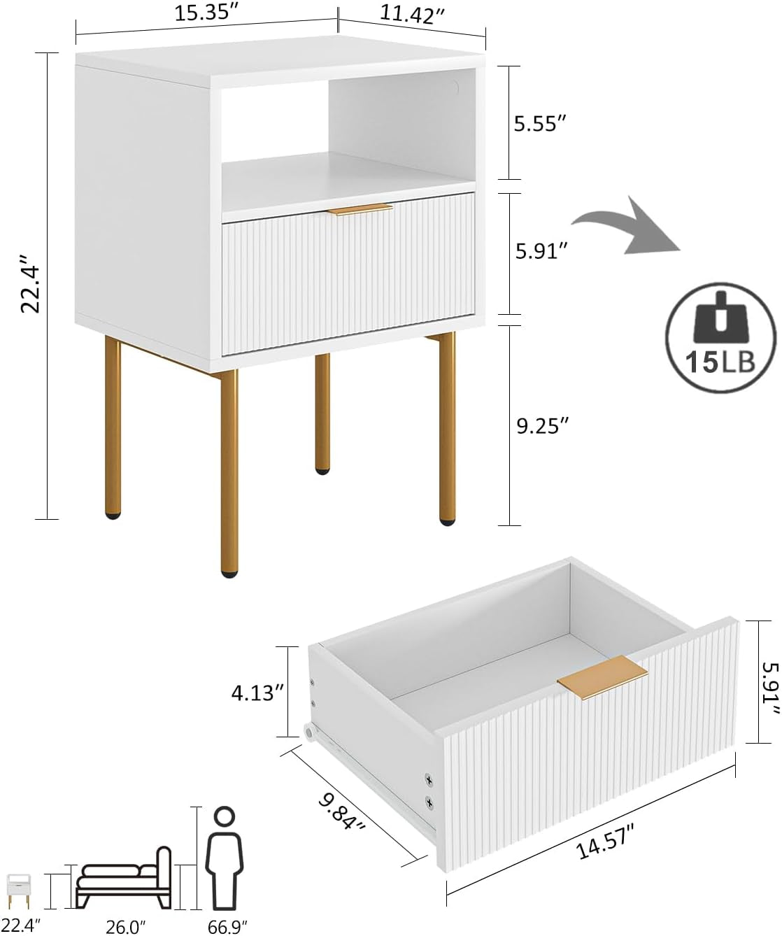Nightstand,Mid-Century Modern Bedside Table with Storage Drawer and Open Wood Shelf,Small Gold Frame Side Table for Bedroom,Living Room,White