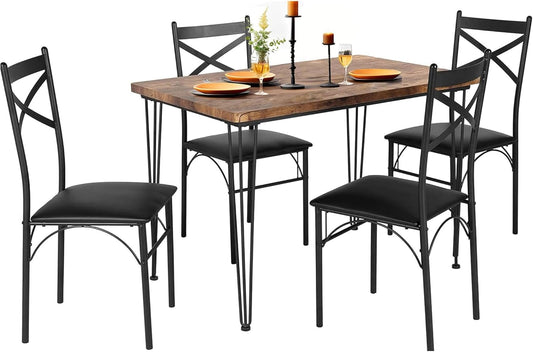 5-Piece Dining Table Set for Home Kitchen Small Space Breakfast Nook, 4 Faux Leather Metal Frame Chairs, Retro Brown