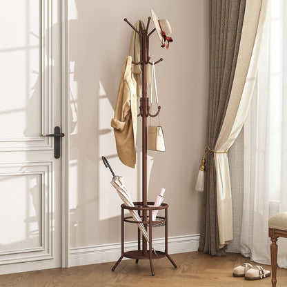 Coat Rack Freestanding, Metal Coat Rack Stand with Umbrella Holder, Modern Coat Tree with 12 Hooks, Floor Standing Corner Hall Tree for Entryway Living Room Bedroom Office, Brown