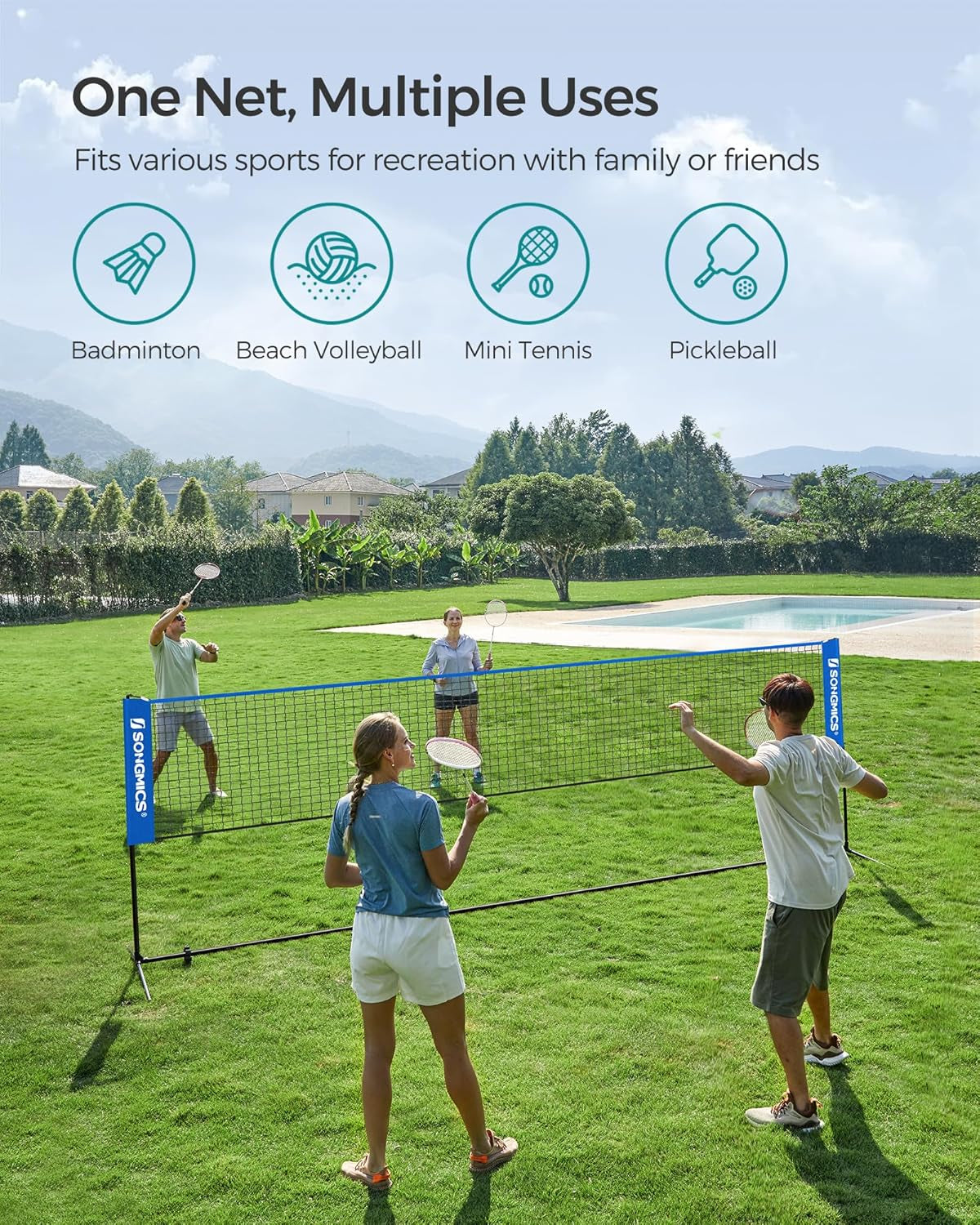 Badminton Net, Height Adjustable Volleyball Net, Pickleball Net for Junior Tennis, Kids, Indoor Outdoor Court, Foldable Nylon Net with Poles 10Ft/13Ft/16.5Ft Wide