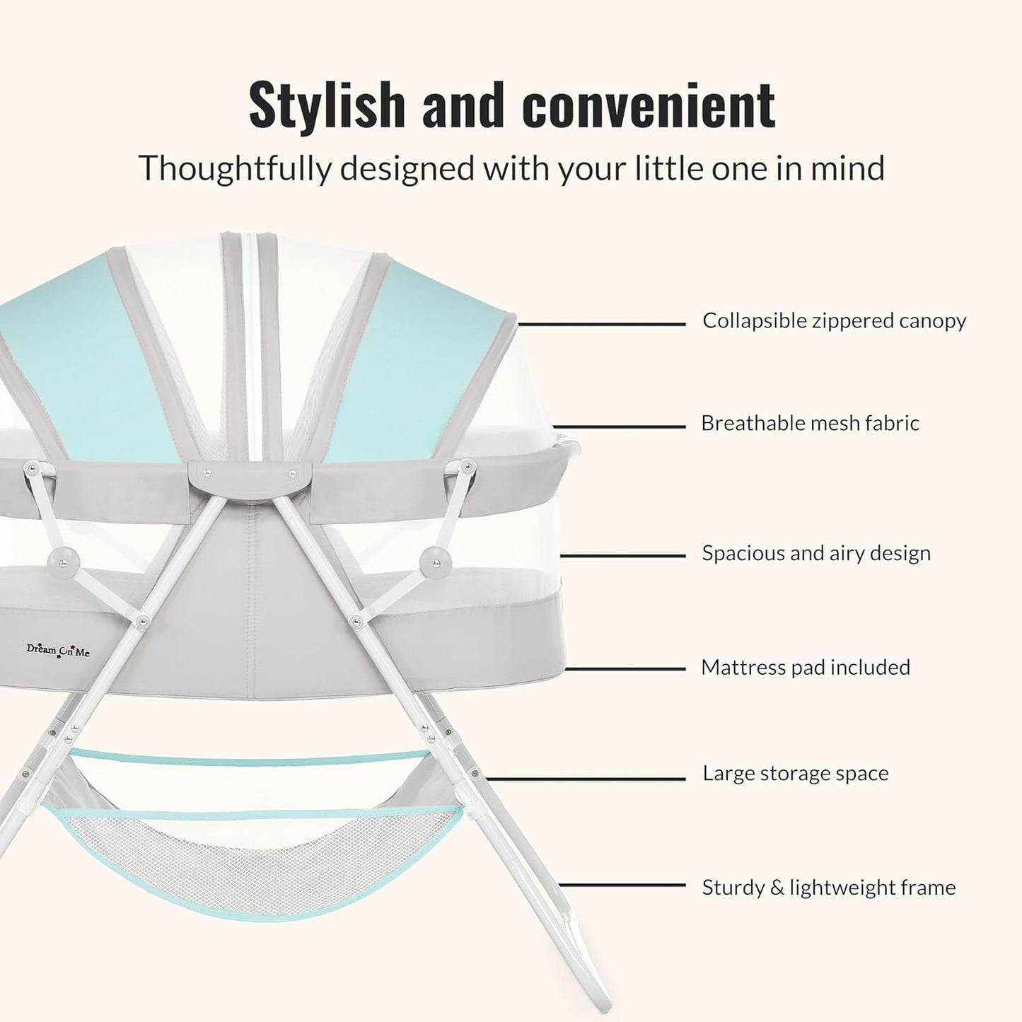 Karley Bassinet, Award Winner Lightweight Travel Baby Bassinet, Foldable Bedside Sleeper, Adjustable Double Canopy, Spacious Design, Soft Fabric, Storage Basket – Blue and Grey