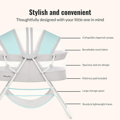 Karley Bassinet, Award Winner Lightweight Travel Baby Bassinet, Foldable Bedside Sleeper, Adjustable Double Canopy, Spacious Design, Soft Fabric, Storage Basket – Blue and Grey