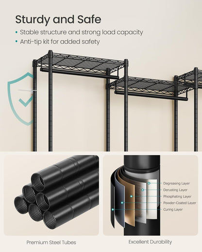 Heavy-Duty Clothes Rack, Garment Rack, Portable Closet, 68.7-Inch Wide Clothing Rack with Adjustable Mesh Shelves and Hanging Rails, Ink Black ULGR433B01